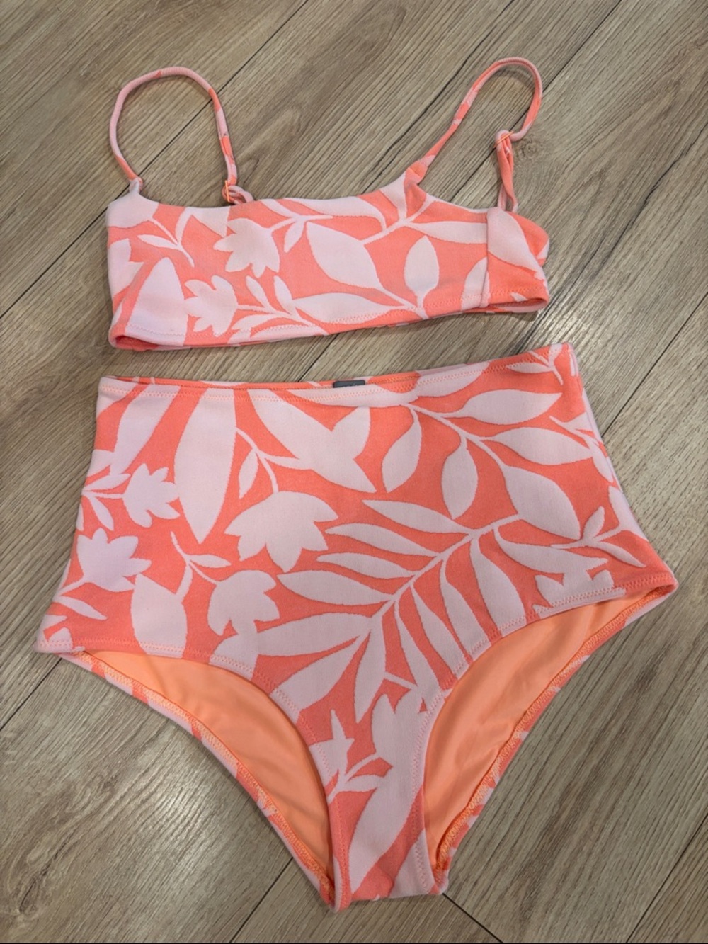 aerie Pink and Coral Floral High-Waist Bikini Set small top lg bottoms